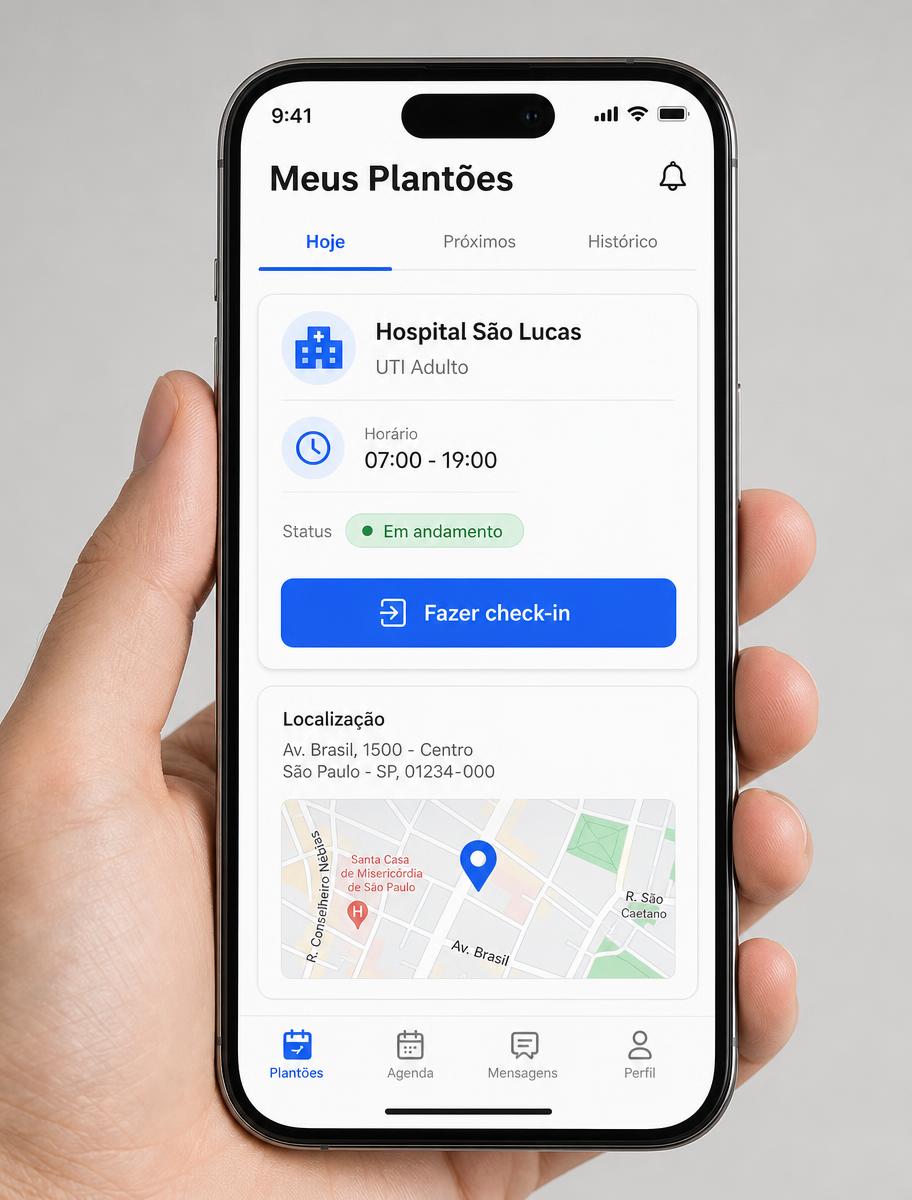 Tela Meus Plantões do app Noom.med com plantão em andamento