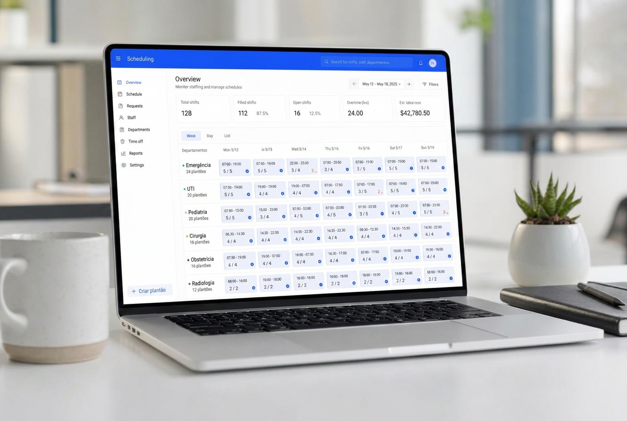 Painel semanal de escalas Noom.med em laptop